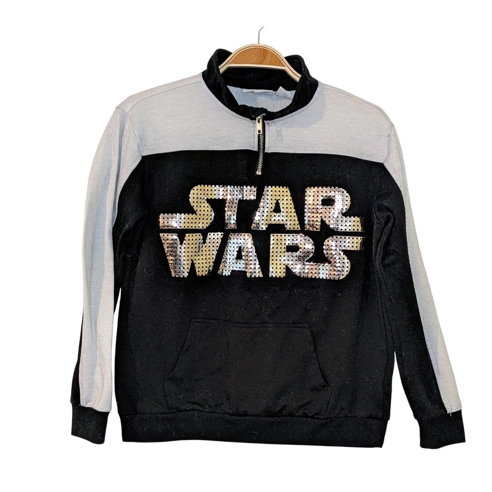 Star Wars Kids Pullover Sweatshirt Black Gray 1/4 Zip Sequin Logo Large